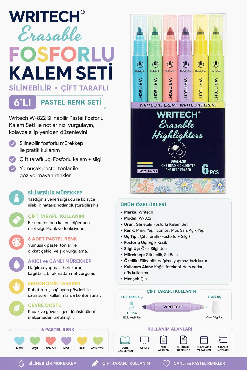 Writech W-822 Silinebilir Pastel 6 Renk Fosforlu Kalem