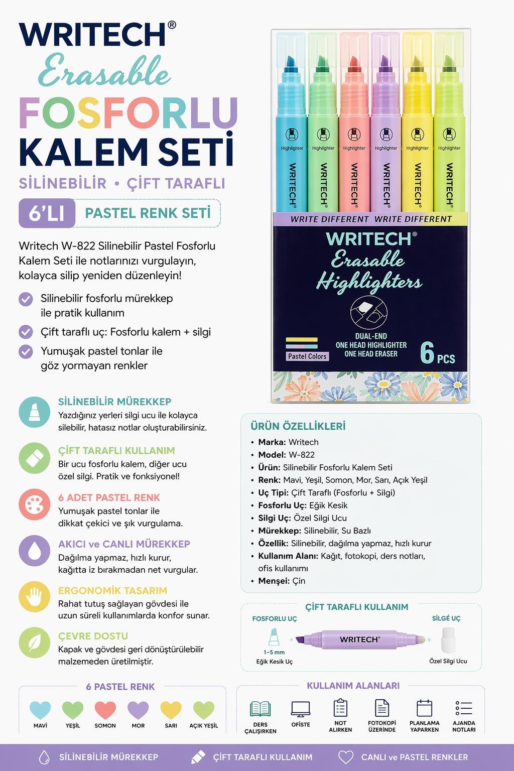 Writech W-822 Silinebilir Pastel 6 Renk Fosforlu Kalem