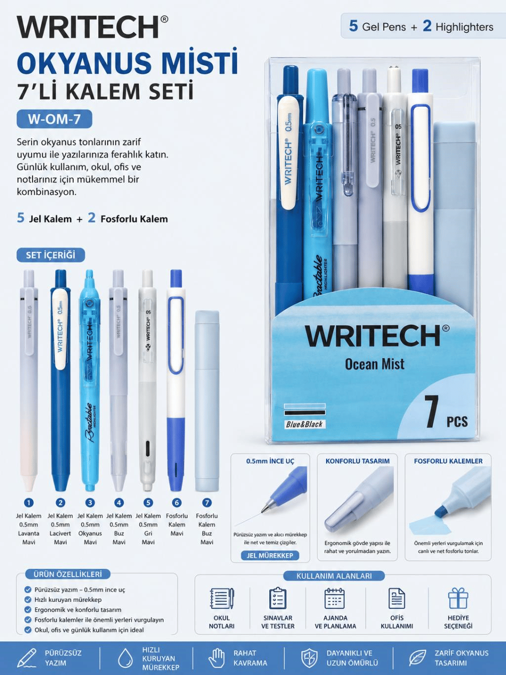 Writech W-OM-7 Okyanus Misti Kalem Seti Mavi 7’li Paket