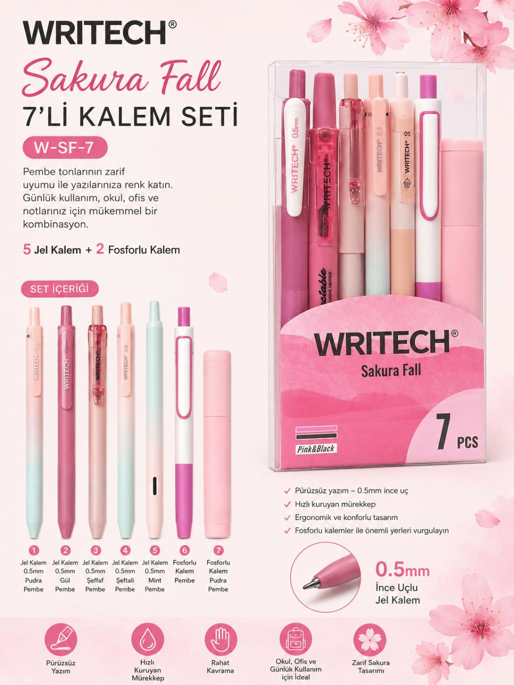 Writech W-SF-7 Sakura Fall Kalem Seti Pembe 7’li Paket
