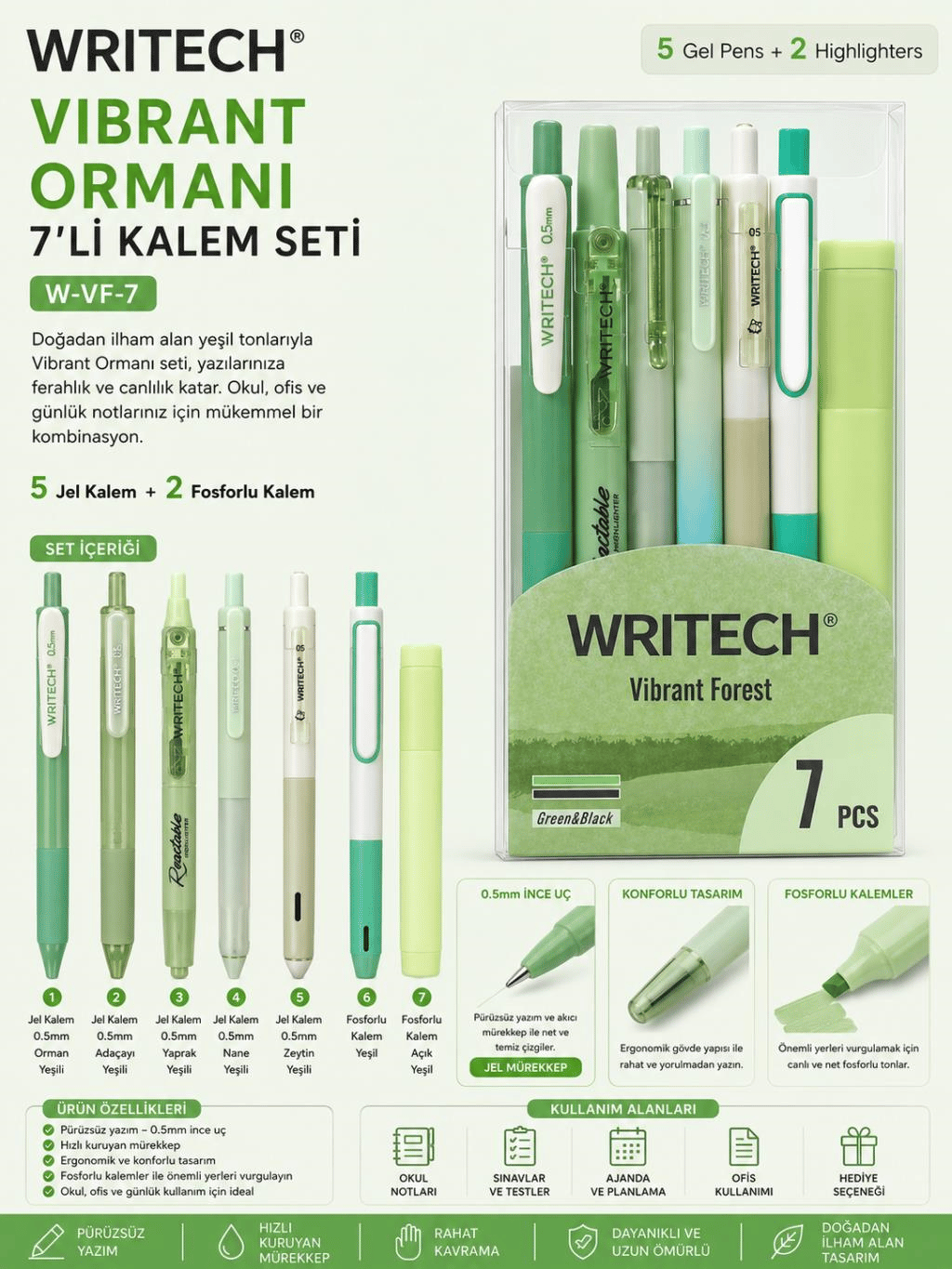 Writech W-VF-7 Vibrant Ormanı Kalem Seti Yeşil 7’li Paket