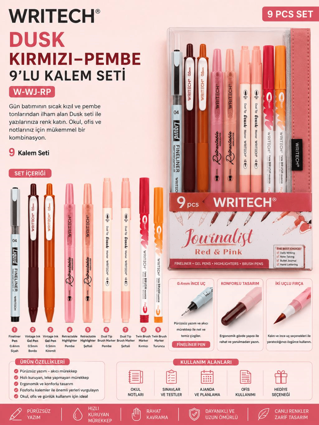 Writech W-WJ-RP Dusk Kırmızı-Pembe Kalem Seti 9’lu Kutulu Set