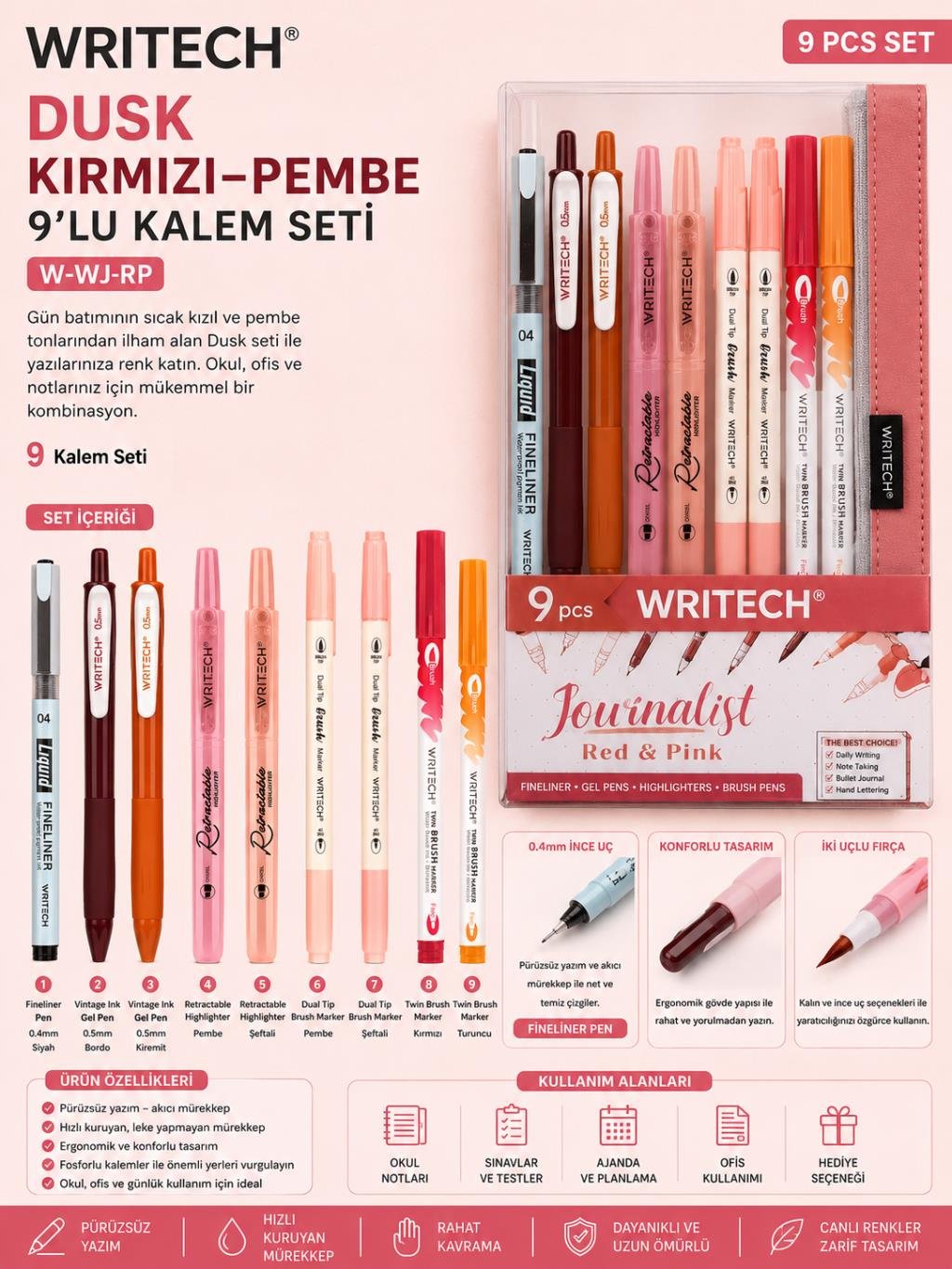 Writech W-WJ-RP Dusk Kırmızı-Pembe Kalem Seti 9’lu Kutulu Set