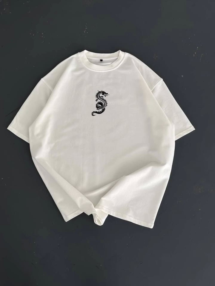 Baskılı Oversize Bisiklet Yaka T-shirt - Beyaz