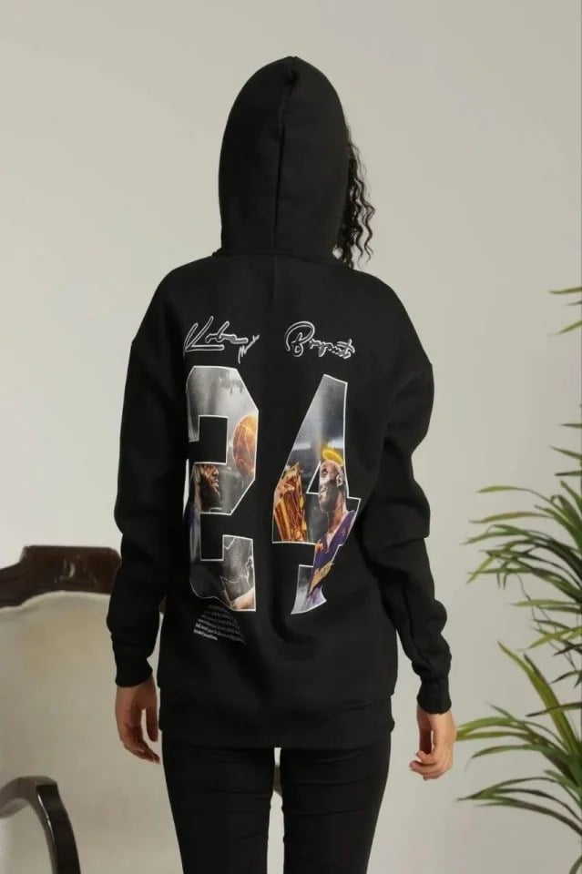 Baskılı Oversize Üç İplik Kapüşonlu Sweatshirt - Siyah