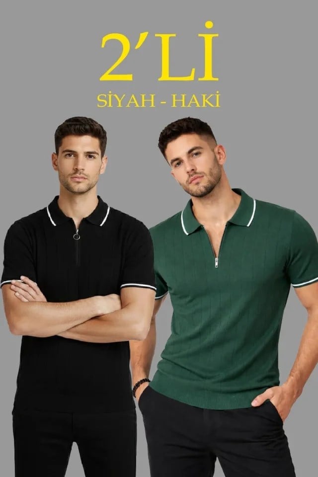 Erkek 2’li Paket Dokuma Triko  Fermuarlı Yakalı Fitilli Kısa Kollu Regular Fit Tişört - Haki - Siyah