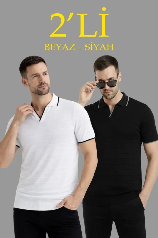 Erkek 2’li Paket Triko Yakalı Düğmesiz Açık Yaka Fitilli Kısa Kollu Regular Fit Tişört - Beyaz - Siyah
