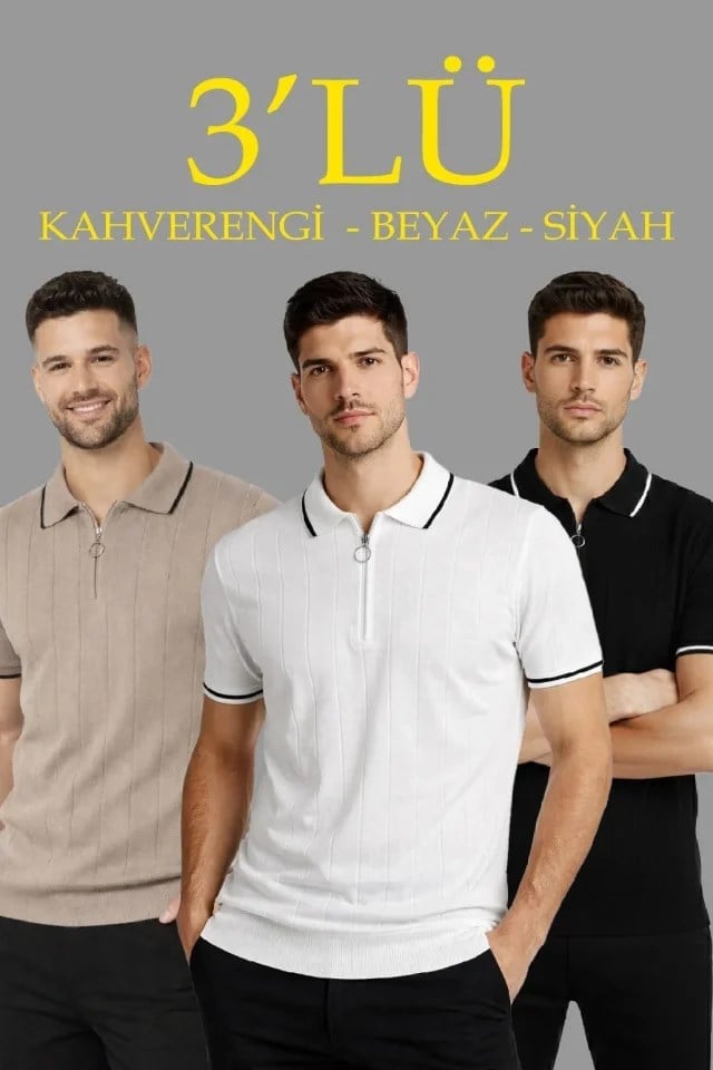 Erkek 3’lü Paket Dokuma Triko  Fermuarlı Yakalı Fitilli Kısa Kollu Regular Fit Tişört - Kahverengi, Beyaz, Siyah