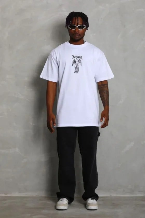Erkek Baskılı T-Shirt Kısa Kol Bisiklet Yaka Regular Fit Rahat Kalıp Günlük Tişört - Beyaz