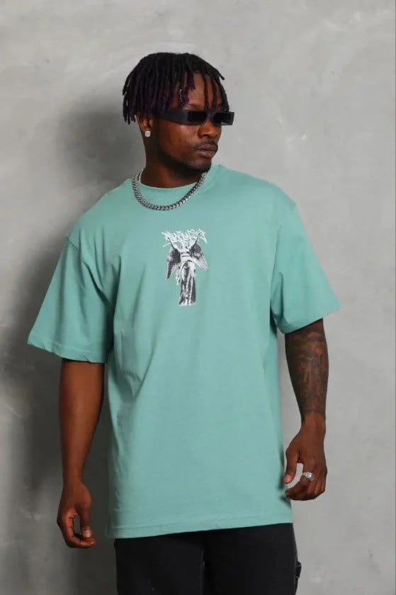 Erkek Baskılı T-Shirt Kısa Kol Bisiklet Yaka Regular Fit Rahat Kalıp Günlük Tişört - Mint Yeşili