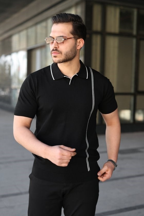 Erkek Çizgi Detaylı Yakalı Triko Tişört