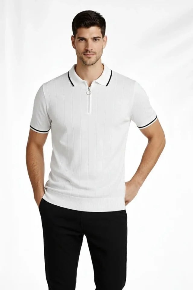 Erkek Fermuarlı Yaka Fitilli Triko Kısa Kollu Regular Fit Tişört T-shirt - Beyaz