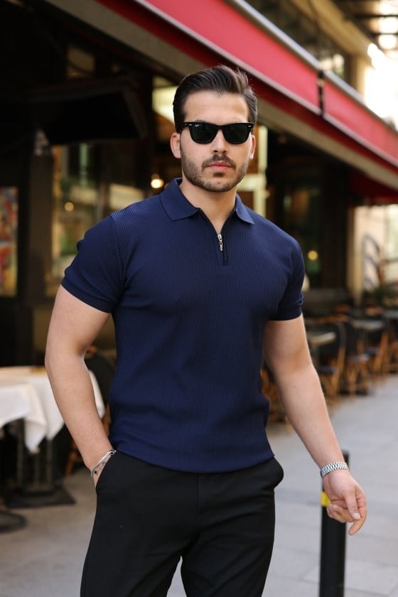 Erkek Fermuarlı Yakalı Kısa Kollu Tshirt