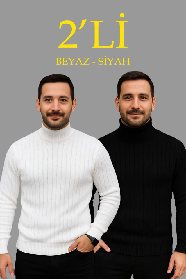 Erkek Fitilli Triko Kazak 2li Set Beyaz Siyah Regular Balıkcı Yaka Tam Boğazlı Triko Seti Modeli Kazak