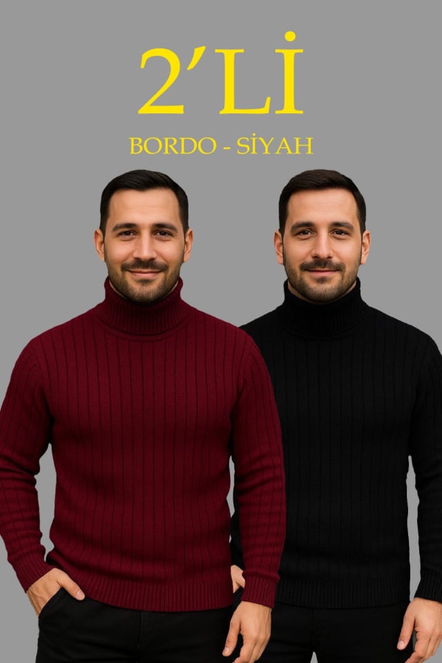 Erkek Fitilli Triko Kazak 2li Set Bordo Siyah Regular Balıkcı Yaka Tam Boğazlı Triko Seti Modeli Kazak