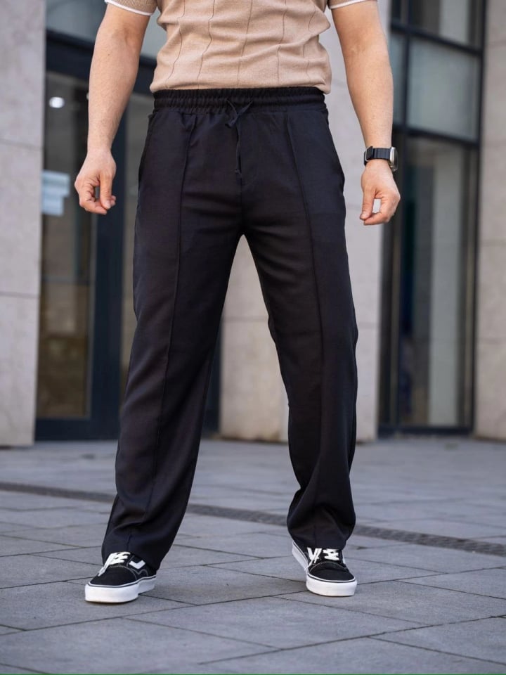 Erkek Keten Cepli Çıma Dikişli Jogger Buggy Pantalon Rahat Kalıp - Siyah