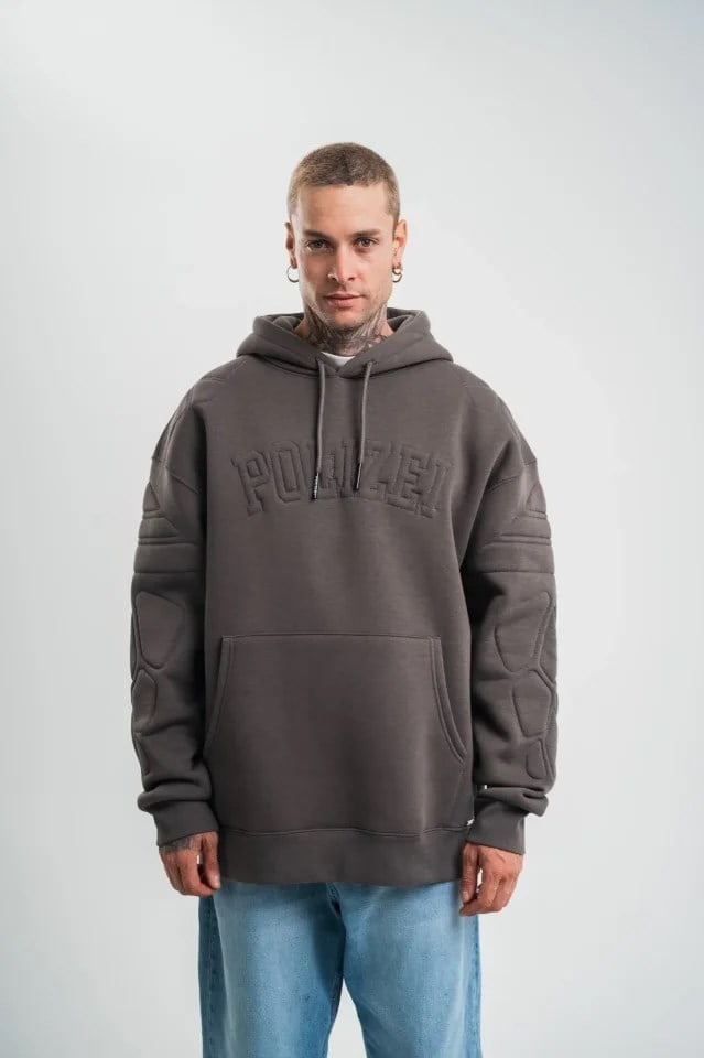 Erkek Nakış İşlemeli Kapşonlu Antrasit Sweatshirt Üç İplik Double Oversize- Füme