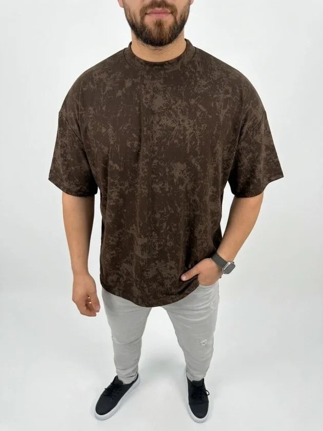 Erkek Premium Tişört OSY Yumuşak Dokulu Yıkamalı Oversize T-Shirt - Kahverengi