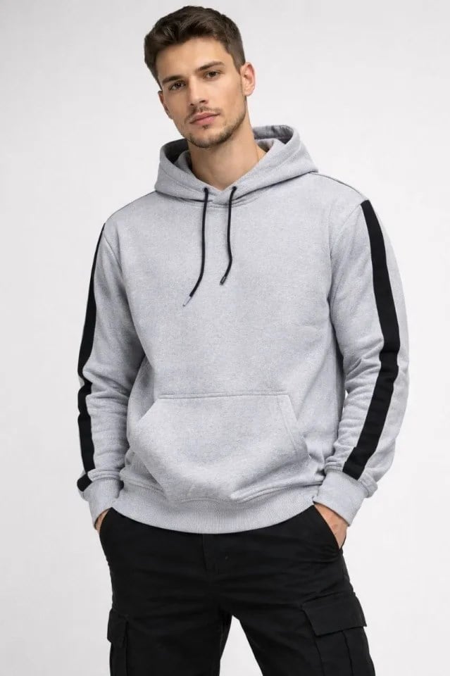 Erkek Şeritli Kapüşonlu Sweatshirt Oversize 3 Iplik Pamuklu - Beyaz