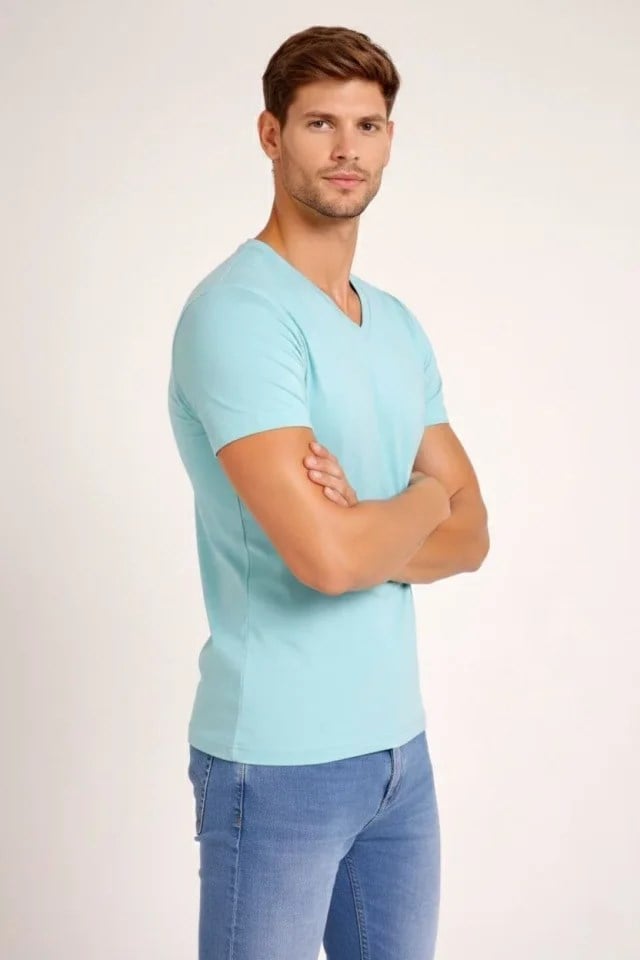 Erkek T-Shirt V Yaka Slim Fit Dar Kesim Likralı Tişört Günlük Basic Body - Turkuvaz