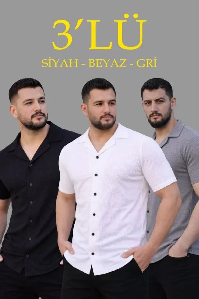 Erkek Waffle Dokuma Açık Yakalı Düğmeli Regular Kalıp 3’lü Gömlek Seti - Siyah, Beyaz, Gri
