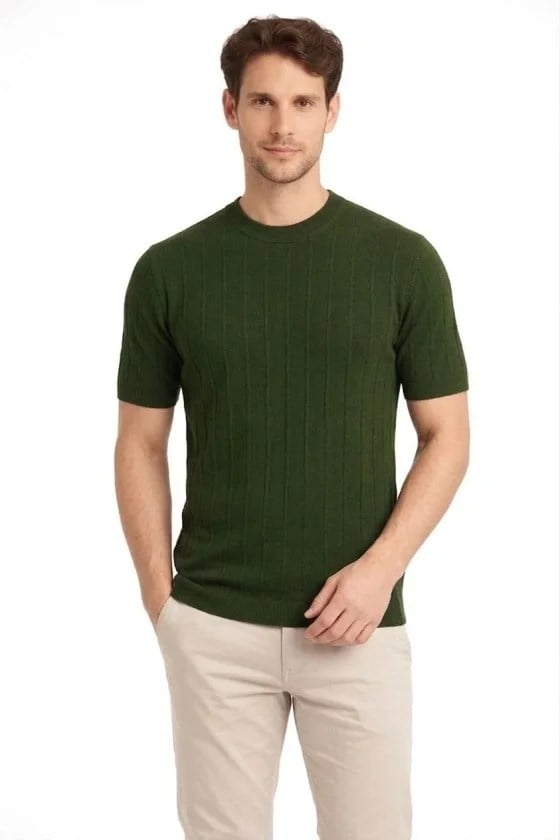 Erkek Yazlık Fitilli Triko Tişört Kısa Kol Bisiklet Yaka T-Shirt - Haki