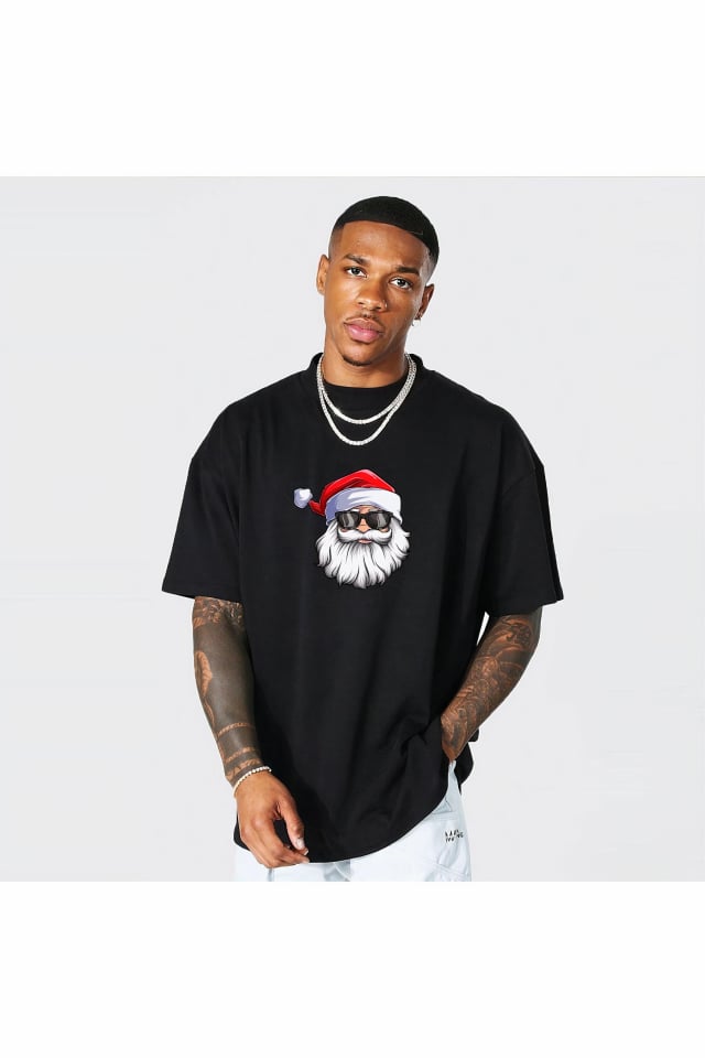 Gözlüklü Noel Baba T-shirt - Siyah
