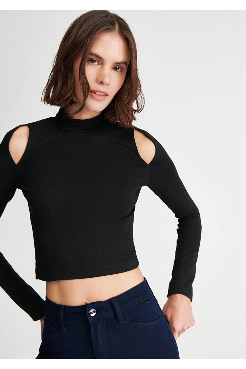 Omuz Dekolteli Crop Bluz – Siyah