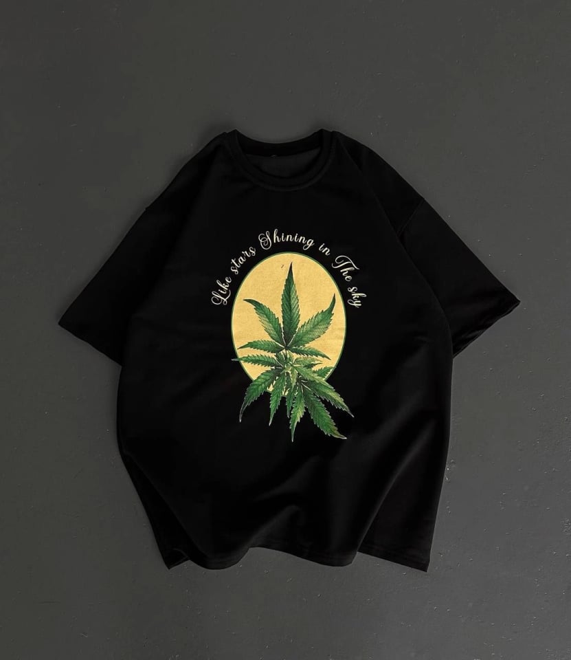 Ön Ve Arka Baskılı Oversize Bisiklet Yaka T-shirt- Siyah