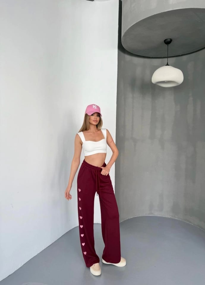 Osy Modal Yumuşak Dokulu Kumaş Nakış Işlemeli Rahat Bol Paça Eşofman Pantalon - Bordo