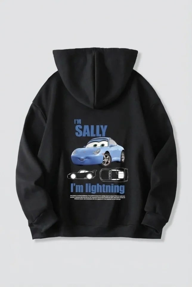 Sevgililer Günü Özel Kapüşonlu Araba Baskılı Oversize Sweatshirt - Siyah
