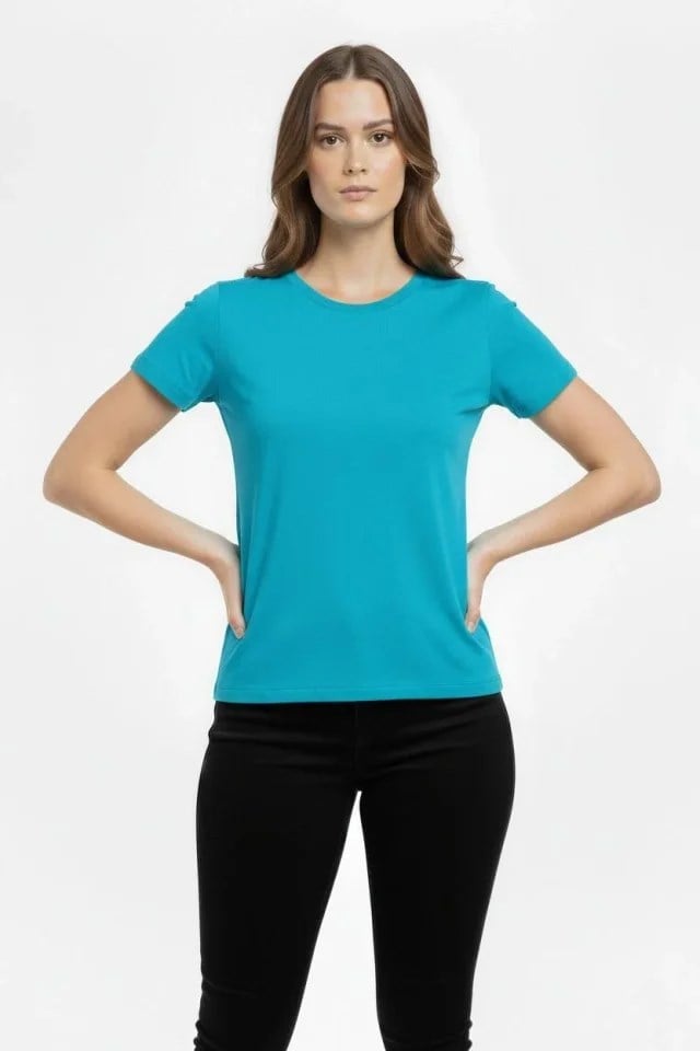 T-Shirt Bisiklet Yaka Slim Fit Likralı Tişört Günlük Basic Body - Turkuvaz