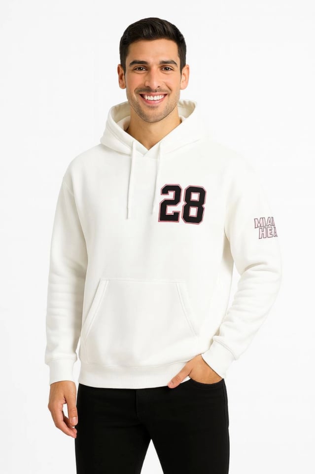 Üç İplik Kapüşonlu Ön Ve Arka Baskılı SweatShirt Hoodie - Beyaz
