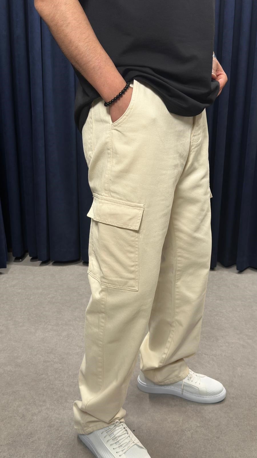 Kargo Cep Baggy Kot Pantolon Bej