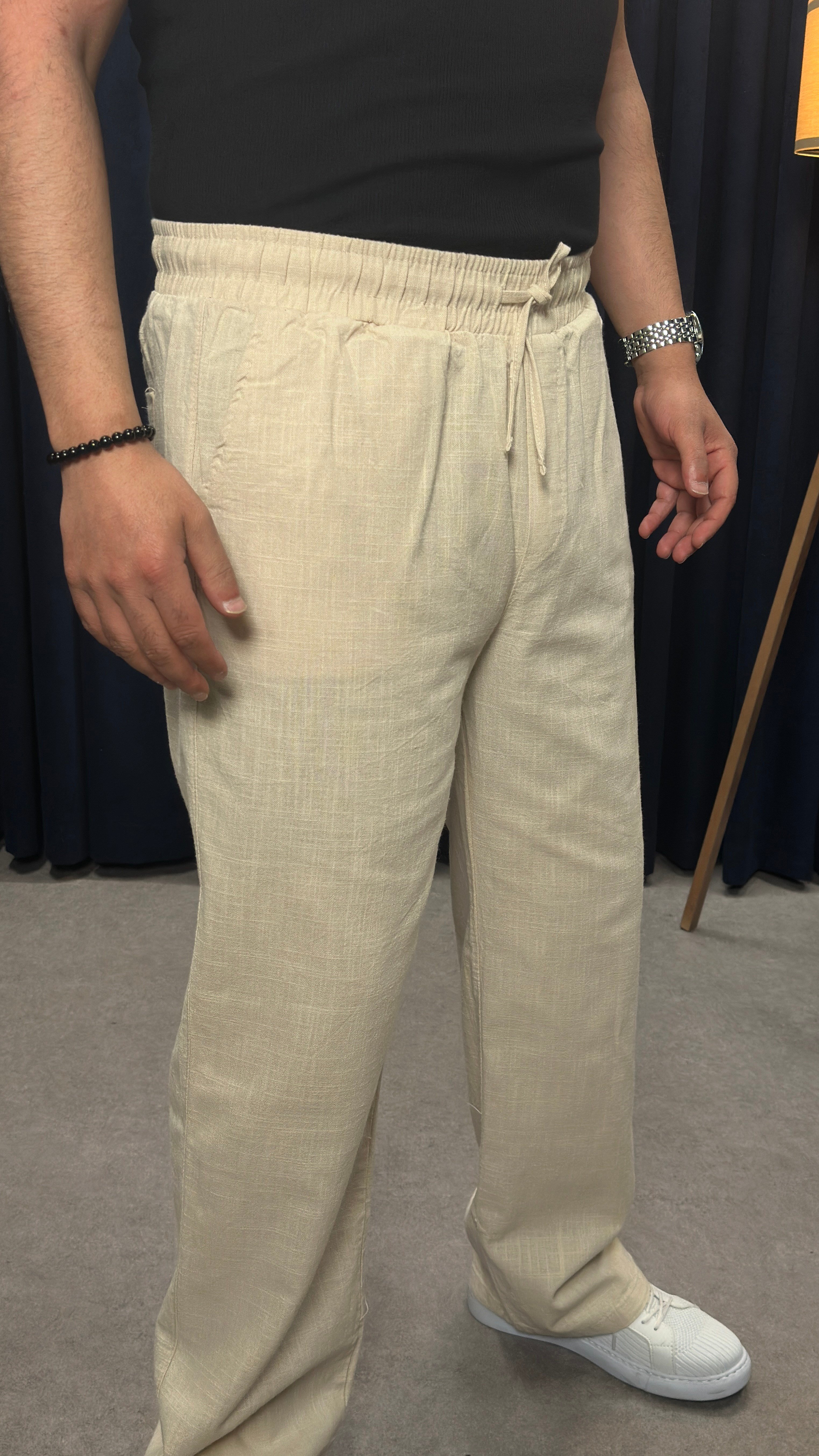 Keten Kumaş Baggy Pantolon Bej