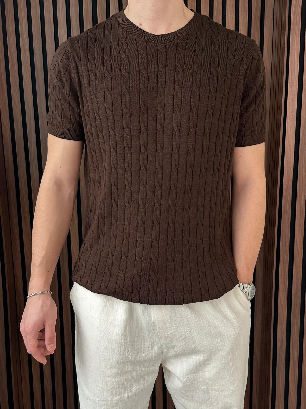 Bisiklet Yaka Örgülü Triko Tshirt Kahverengi