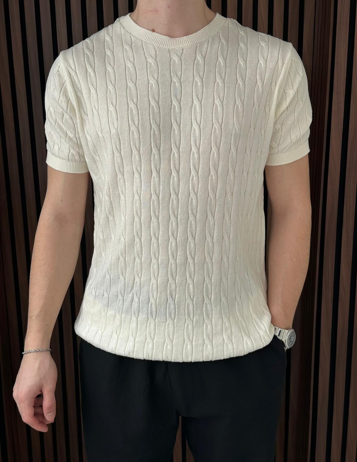 Bisiklet Yaka Örgülü Triko Tshirt Kırık Beyaz