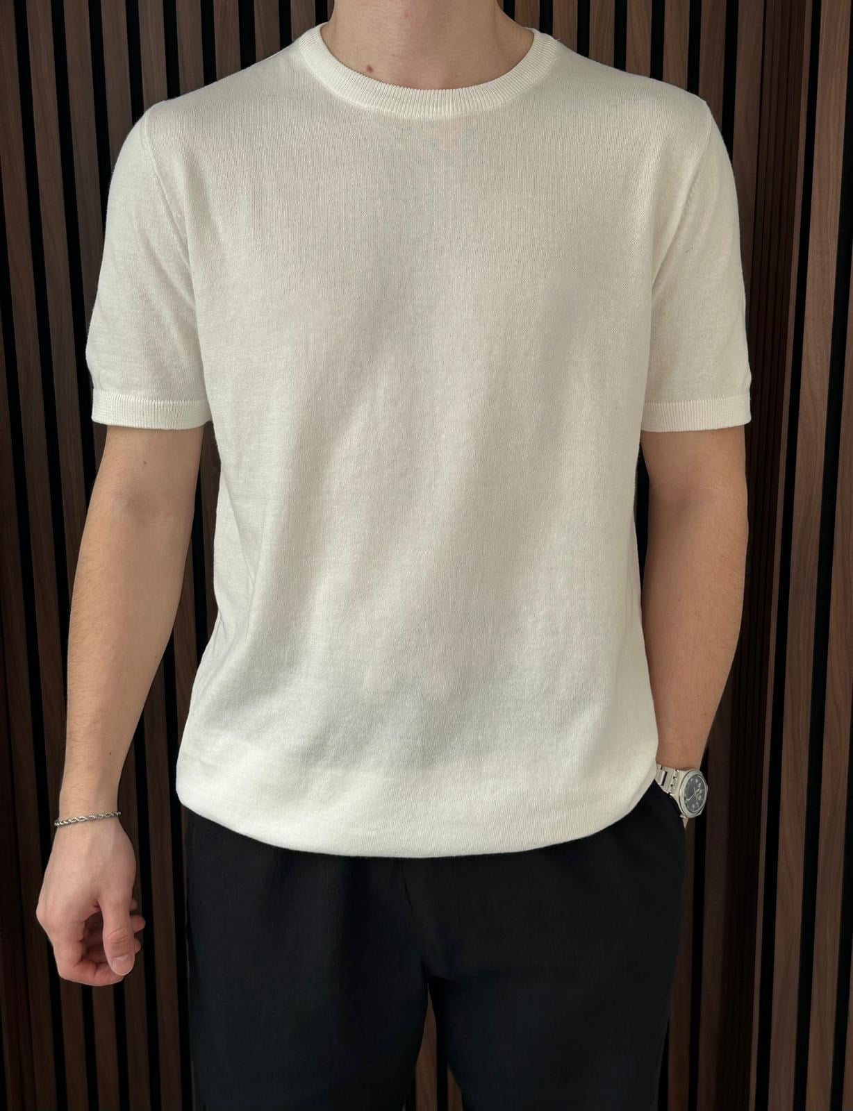 Bisiklet Yaka Yaka Triko Tshirt Beyaz