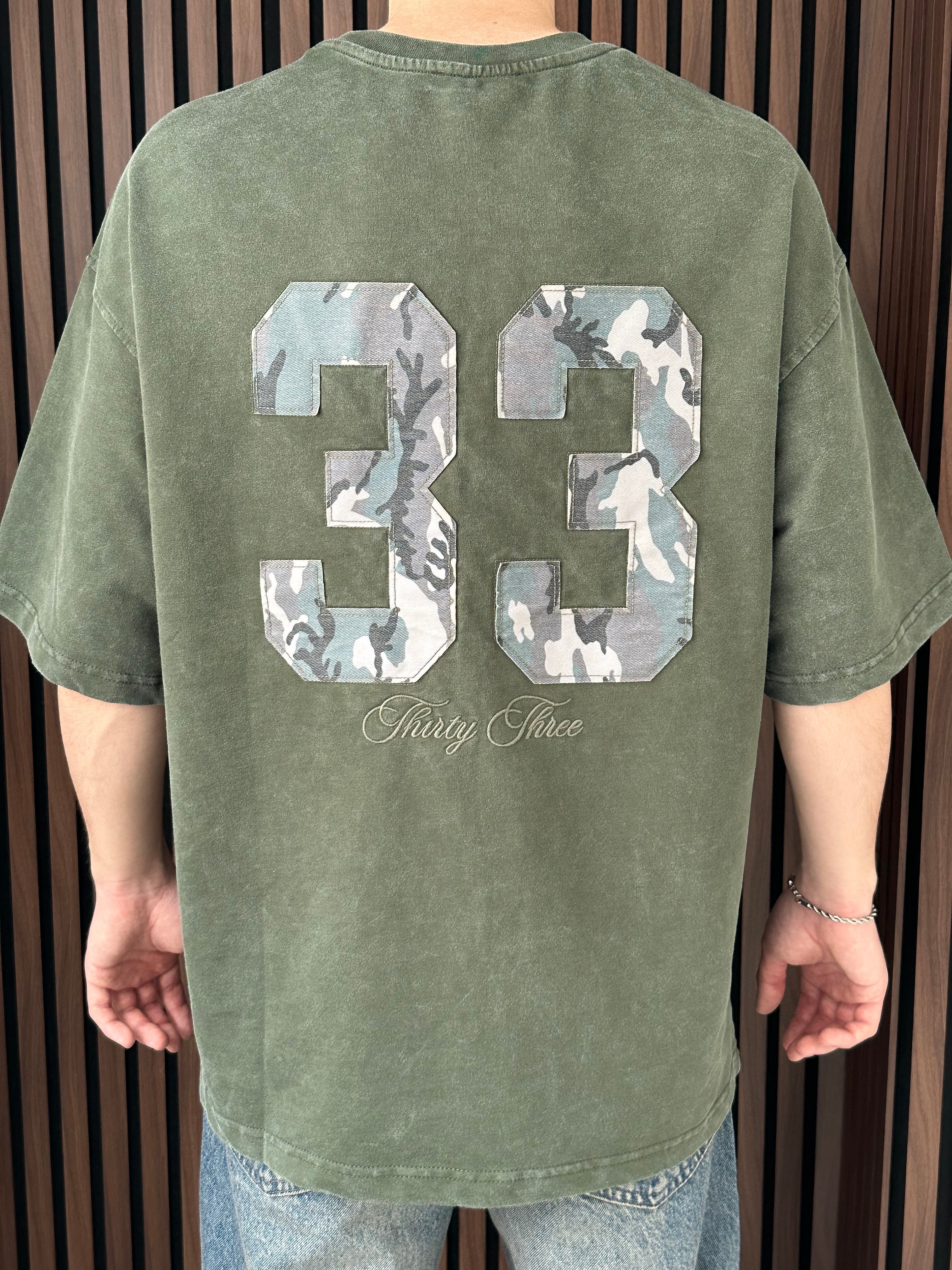 Nakışlı Yıkamalı Oversize Tshirt Haki Yeşil