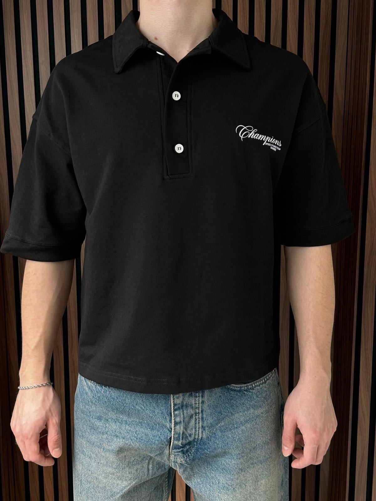 Polo Yaka Champions Baskılı Crop Tshirt Siyah