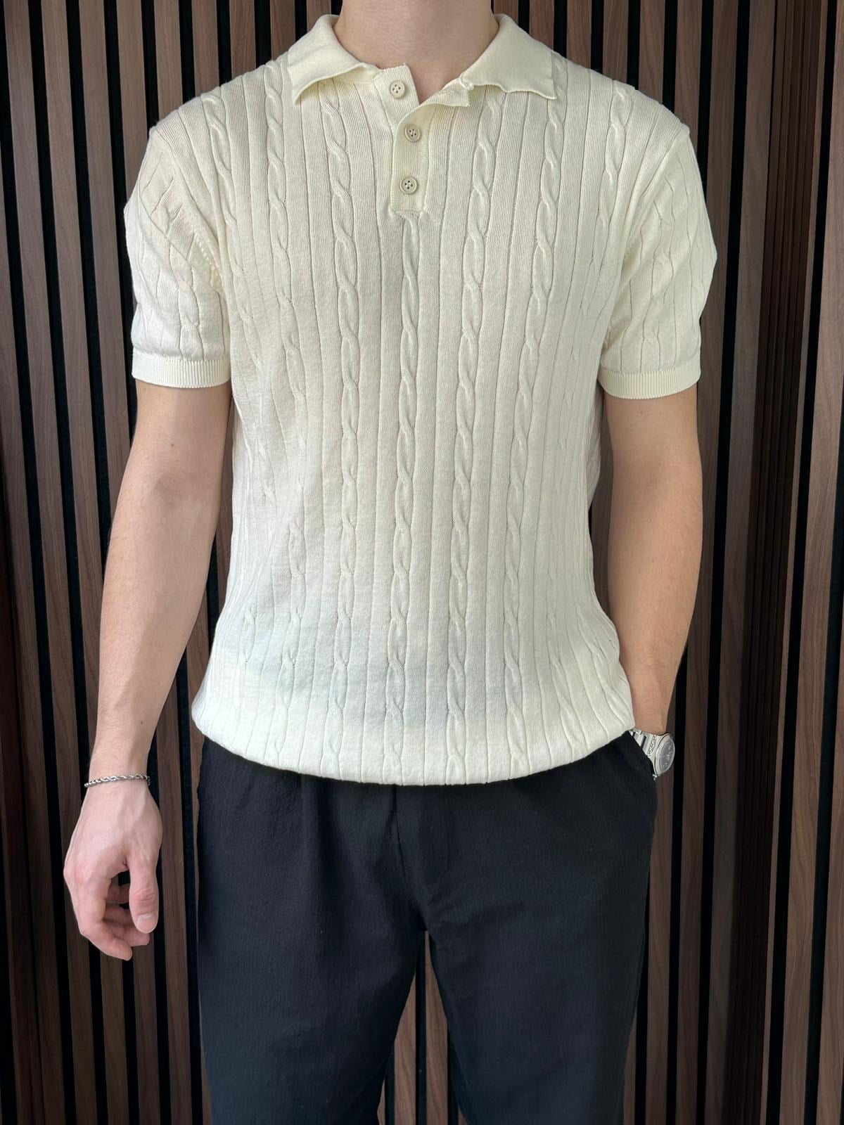 Polo Yaka Örgülü Triko Tshirt Kırık Beyaz