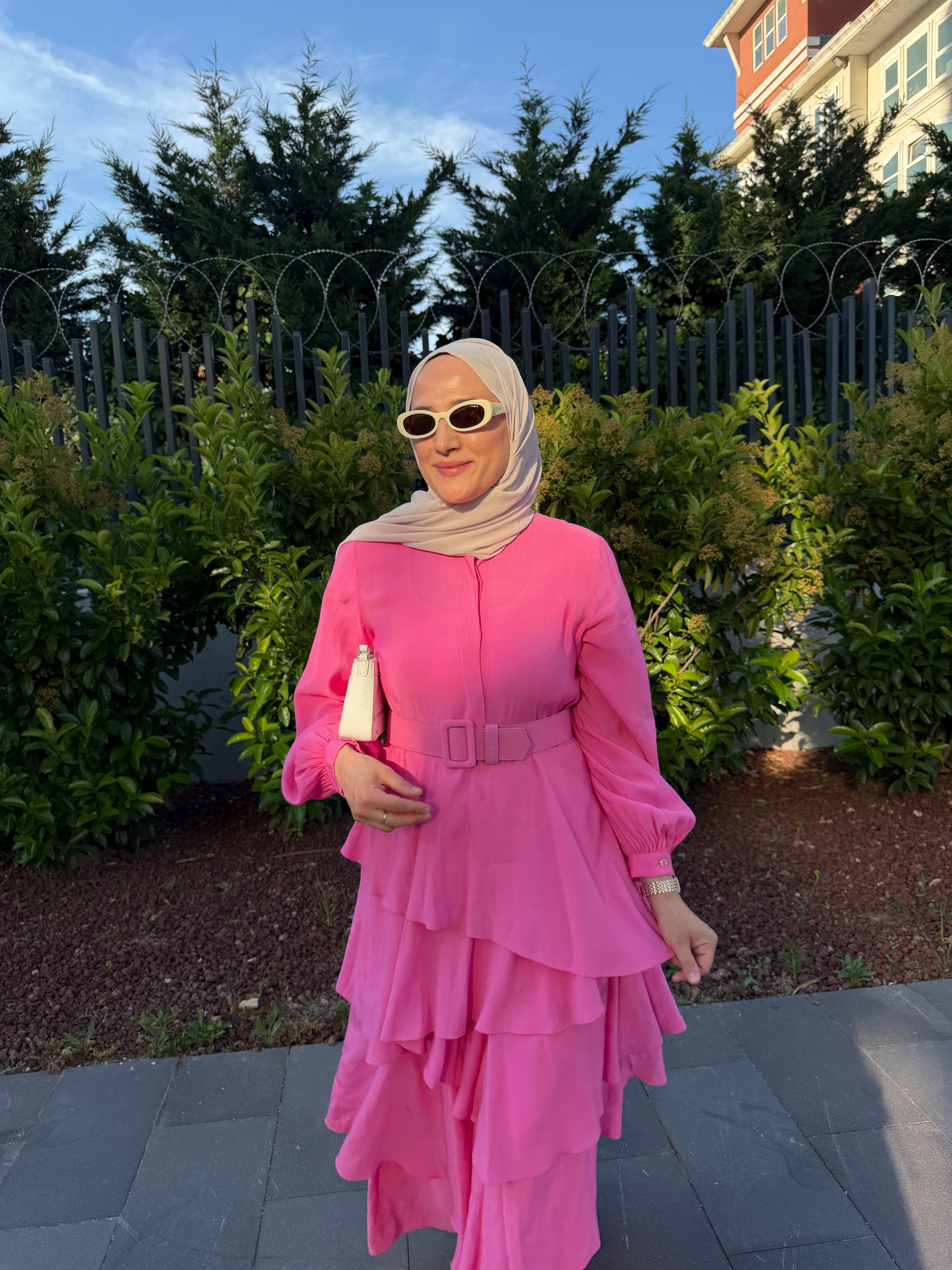 Volanlı Kat Elbise / Pembe
