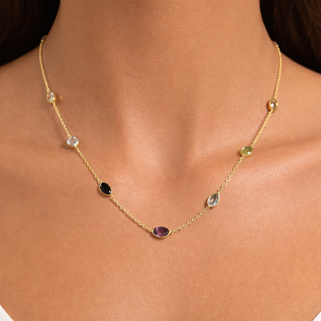 925 Ayar Gümüş Gerçek Doğal Taşlı Kolye – Ametist, Blue Topaz, Citrine & Garnet 14 Ayar Altın Kaplama