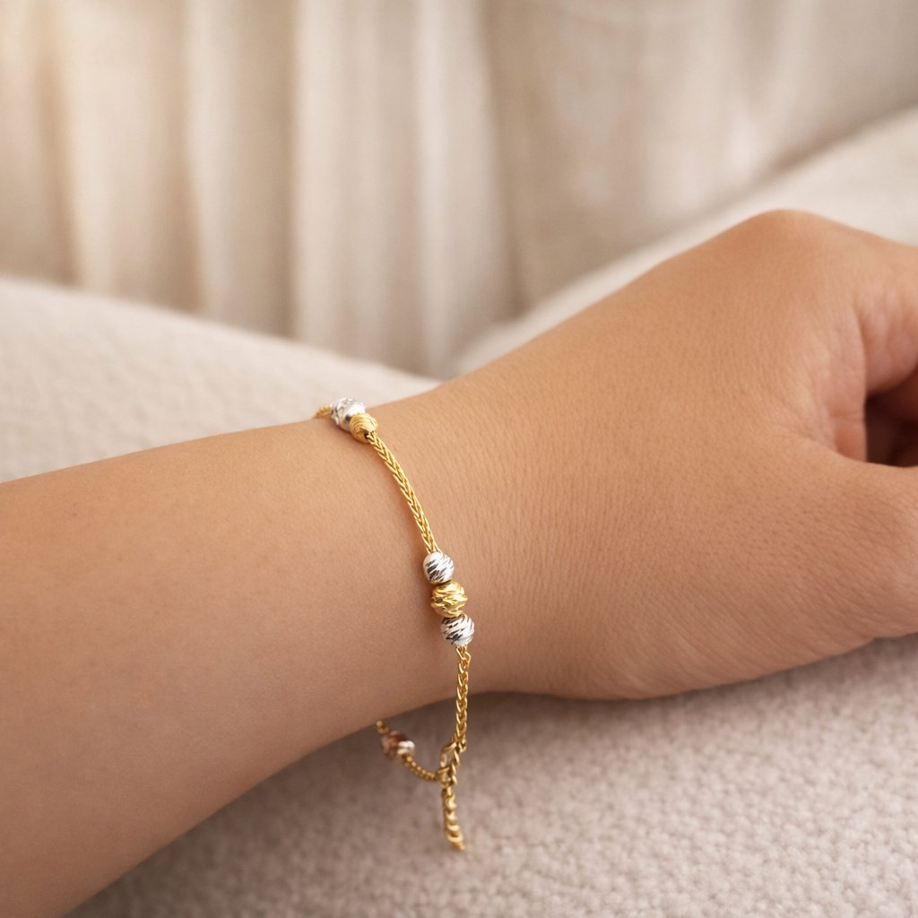 925 Ayar Gümüş Üç Renk Top Detaylı 14 Ayar Altın Kaplama Bileklik – Gümüş Gold Rose / Gümüş Parlatma Bezi Hediyeli