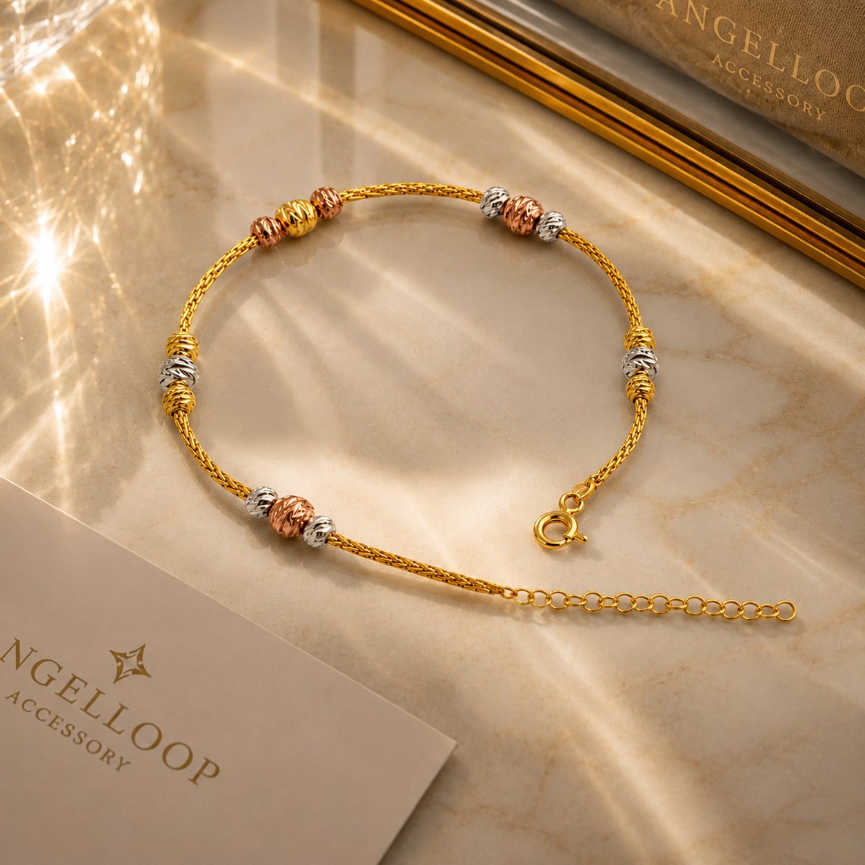 925 Ayar Gümüş Üç Renk Top Detaylı 14 Ayar Altın Kaplama Bileklik – Gümüş Gold Rose / Gümüş Parlatma Bezi Hediyeli