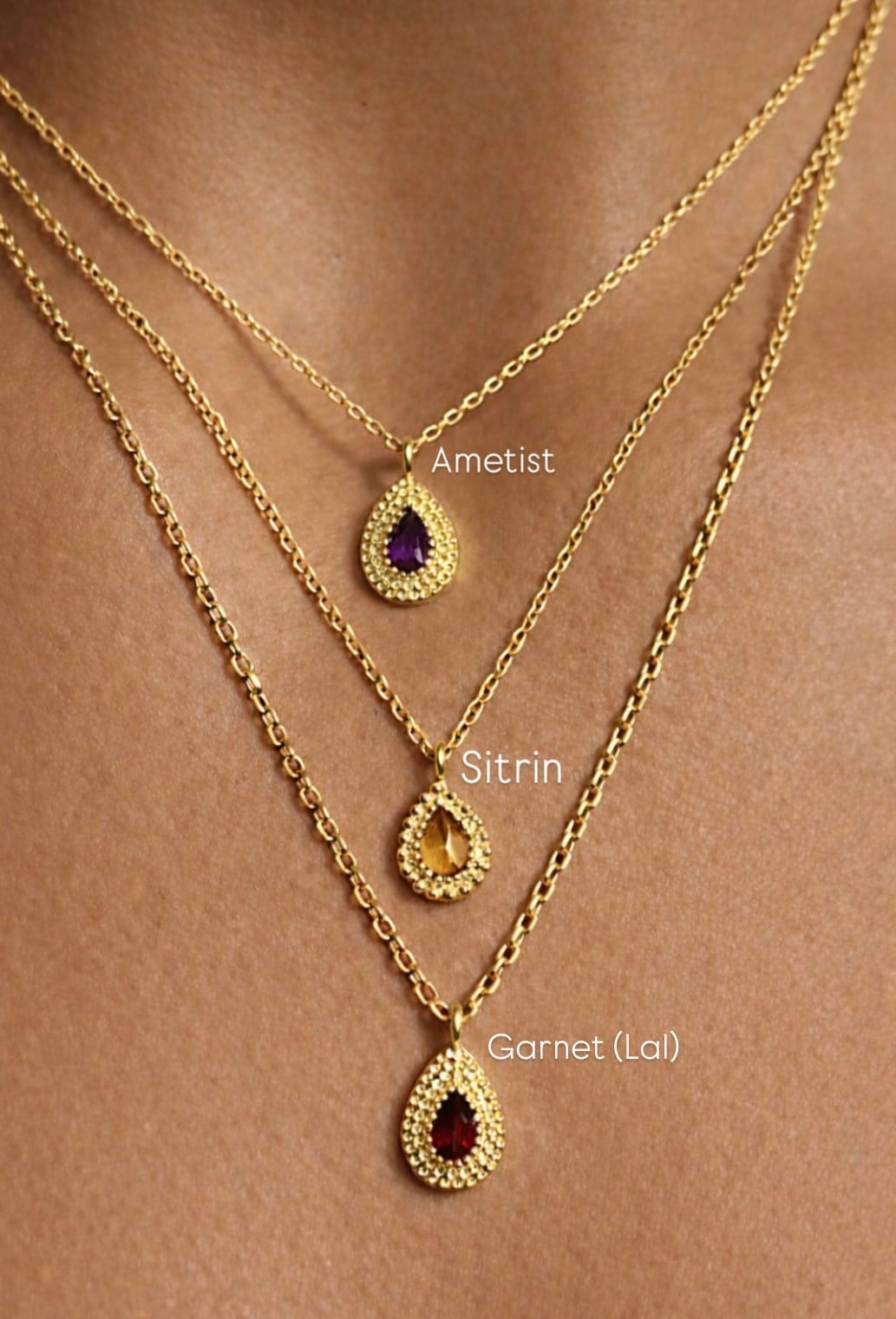 Doğal Taş 925 Ayar Gümüş Kolye – Ametist, Sitrin & Garnet (Lal) Seçenekli