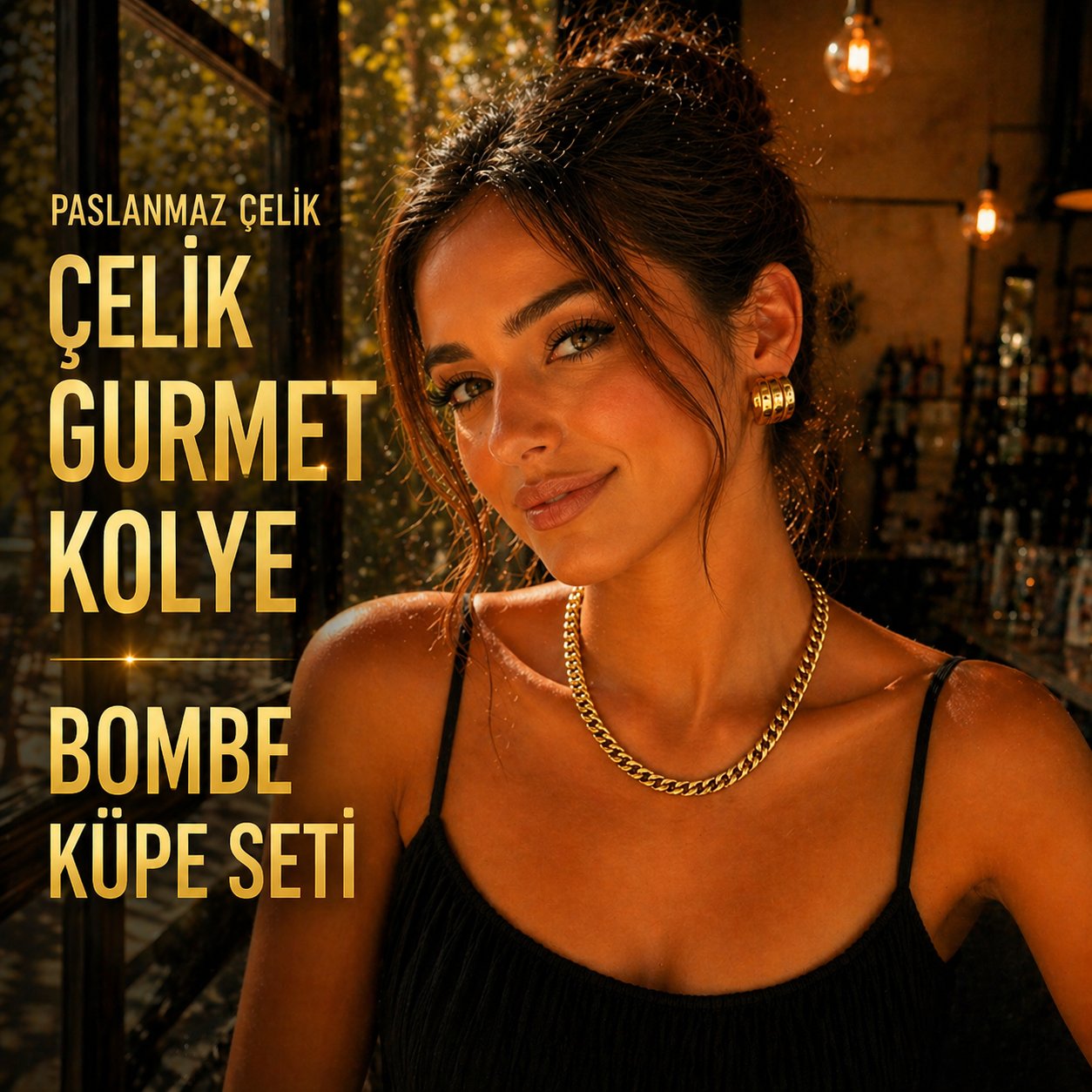 Paslanmaz Çelik Gurmet Kolye & Bombe Küpe Seti-Gold-Mikrofiber Takı Bezi Hediyeli