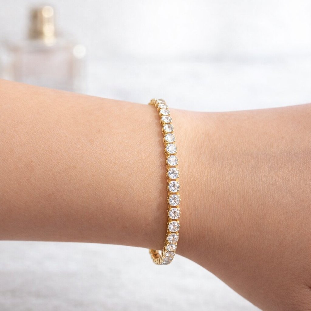 Zirkon Taşlı Gold Su Yolu Bileklik- Paslanmaz Çelik-Mikrofiber Takı Bezi Hediyeli