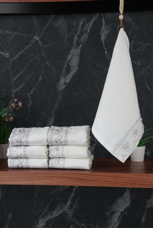 % 100 Pamuklu Kadife Güpürlü İnci Işlemeli 6 lı Çeyizlik El Yüz Havlu Seti - 30x50 cm - 04466 - Gri