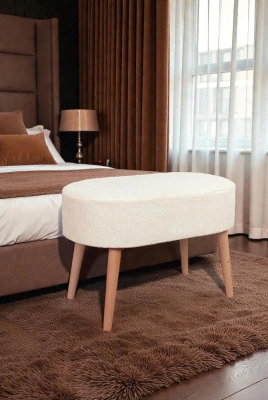 Ahşap Ayaklı Oval Puf Bench Geniş Oturum Alanlı Puf Sandalye  - Krem - (60x40 cm)